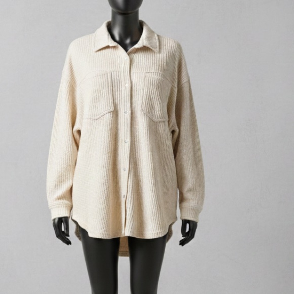Cozy Aerie  Waffle Knit Oversized Shacket  Button Down Shirt Cream Neutral M